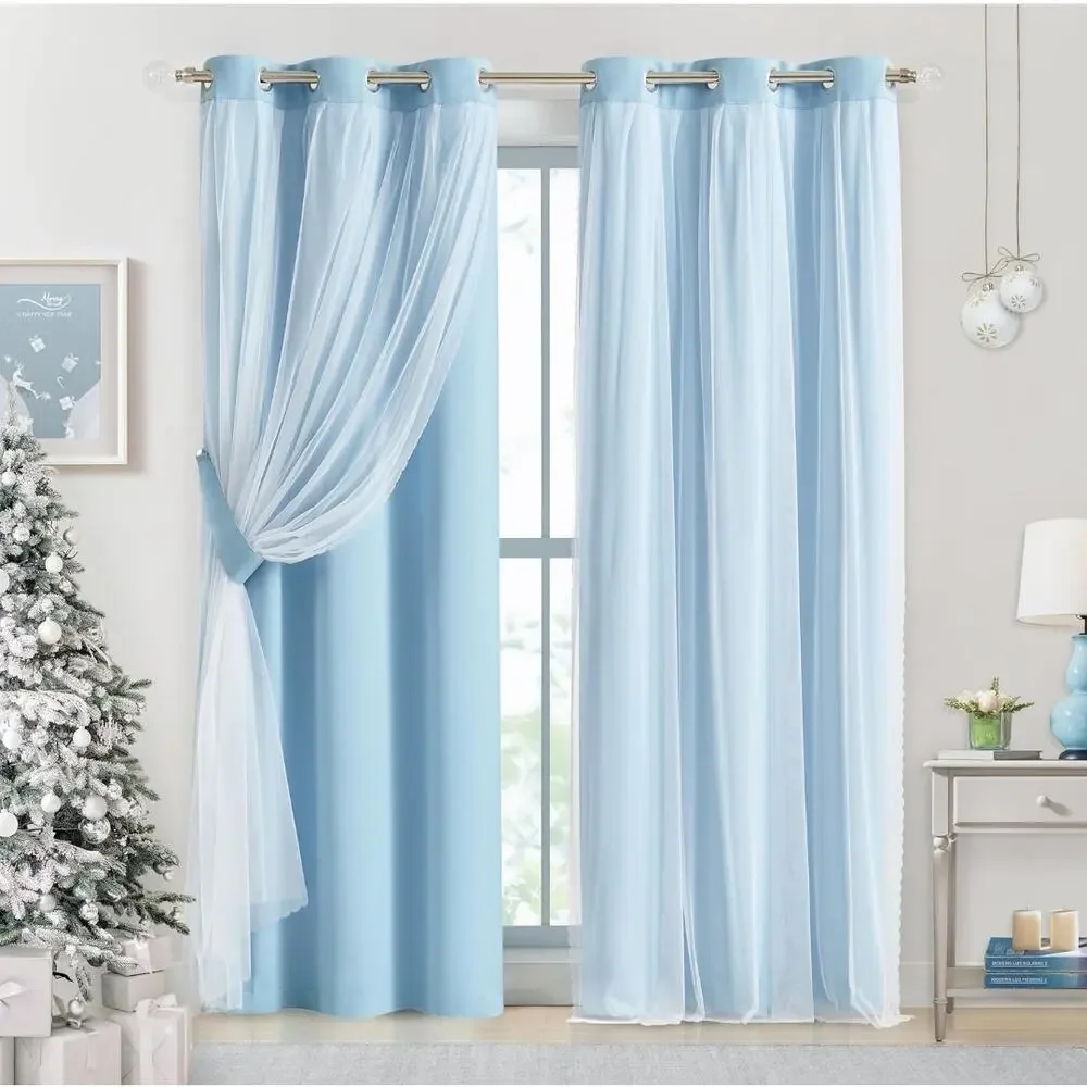 NEW Bujasso Double Layer 80% Blackout Curtains with Sheer Overlay, Sky Blue 84